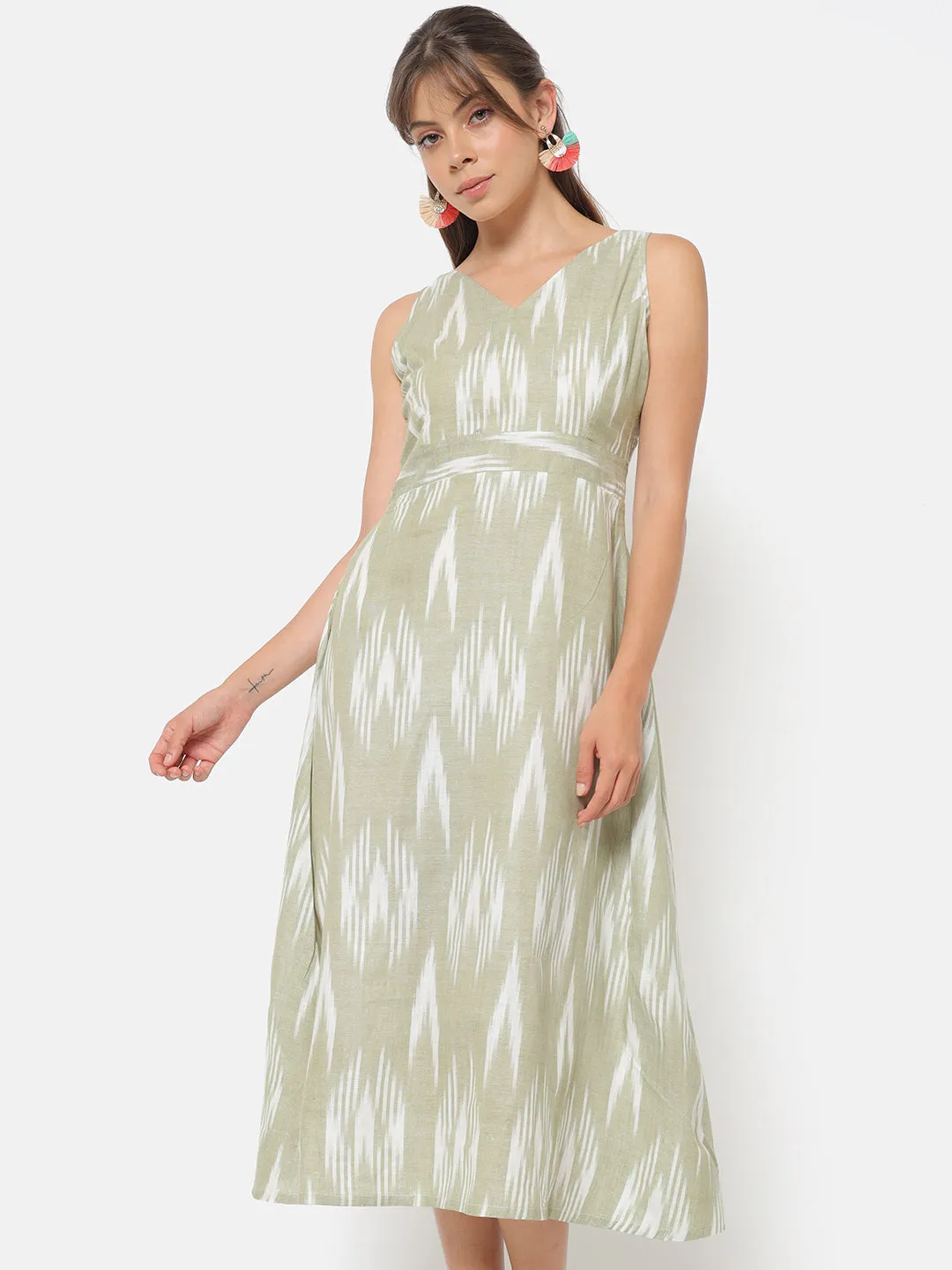 Sayoni Green Ikat Sleeveless Dress