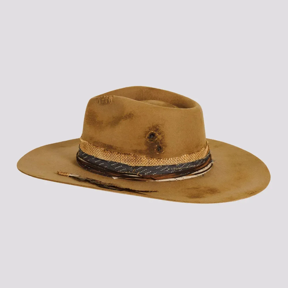 Six Shooter | Womens Distressed Wool Felt Pinch Front Fedora Hat