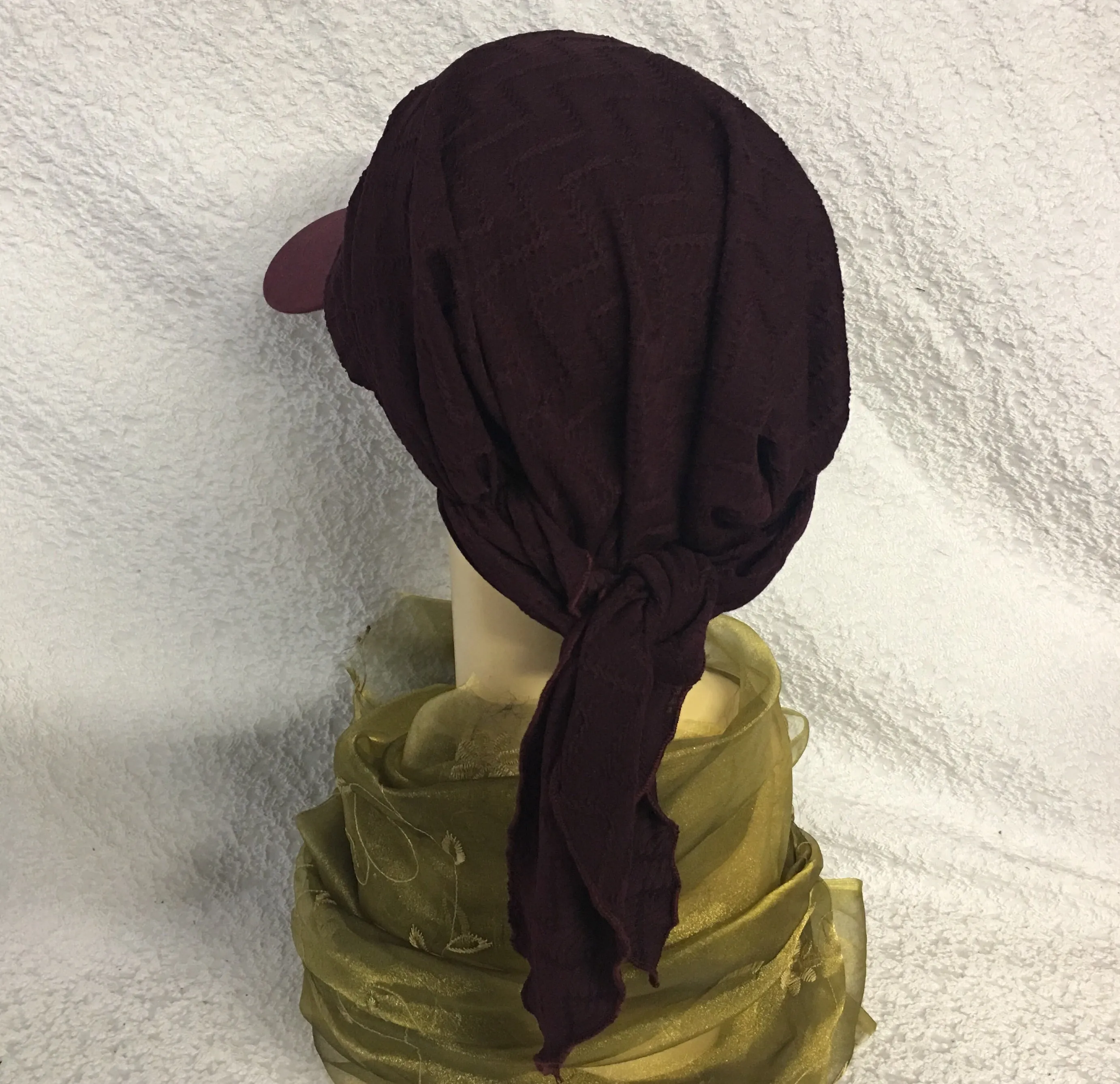 Sun Visor | Sun Shade | Sun Hat | Burgundy Pre Tied Head Scarf Hijab | Baseball Cap | Headscarf For Women | Proudly Made in The USA by Uptown Girl Headwear