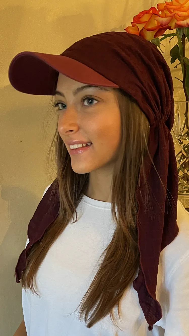 Sun Visor | Sun Shade | Sun Hat | Burgundy Pre Tied Head Scarf Hijab | Baseball Cap | Headscarf For Women | Proudly Made in The USA by Uptown Girl Headwear