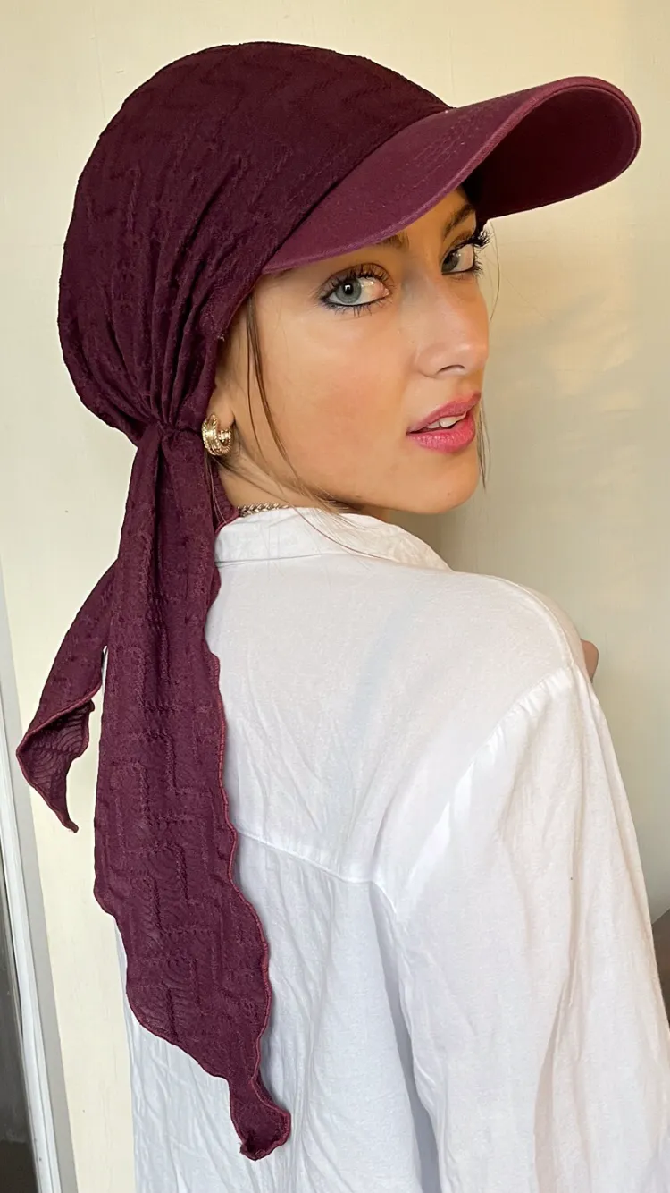 Sun Visor | Sun Shade | Sun Hat | Burgundy Pre Tied Head Scarf Hijab | Baseball Cap | Headscarf For Women | Proudly Made in The USA by Uptown Girl Headwear