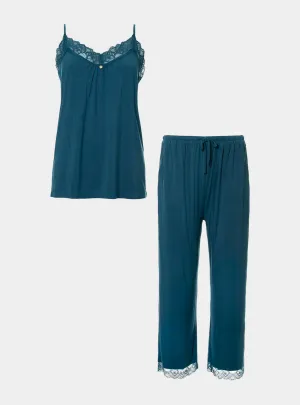 Teal Bamboo Lace Cami Cropped Trouser Pyjama Set