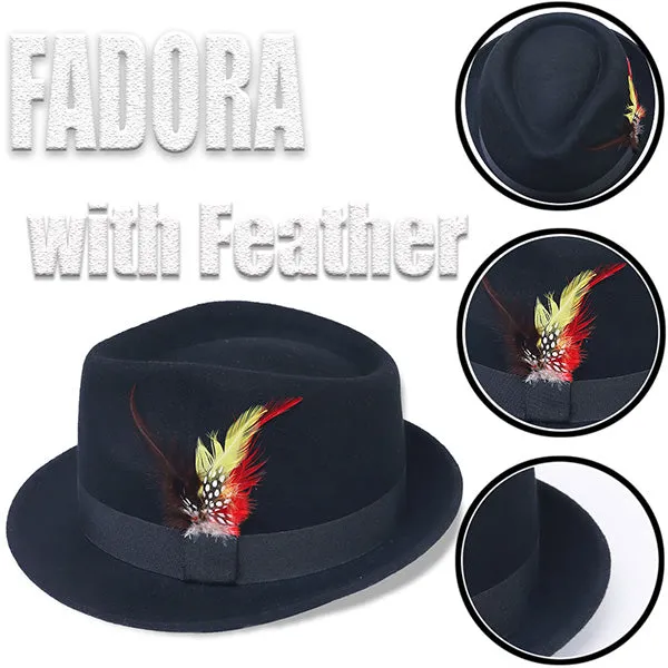 Vintage Wool Felt Fedora Hat with Feather B5031F