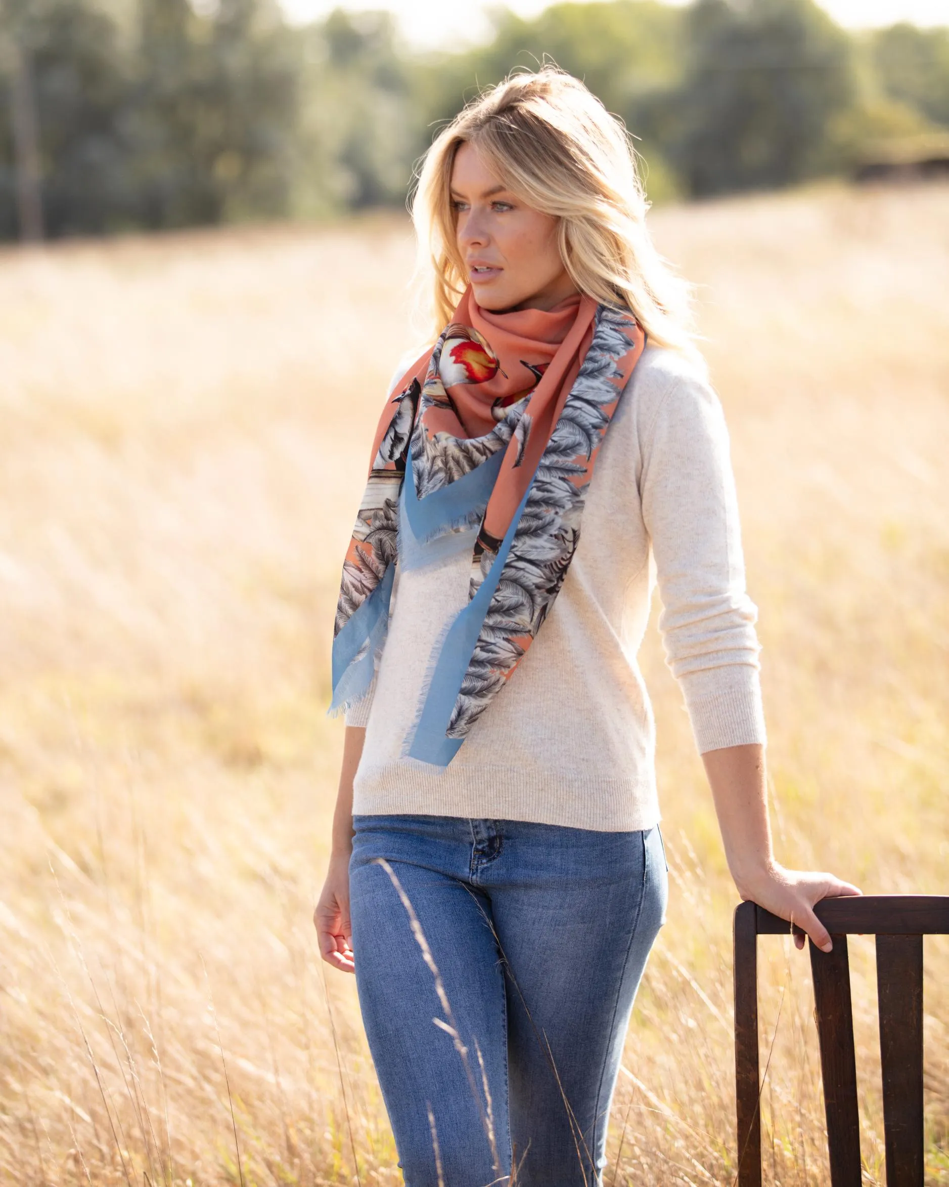 Watching Over Me Sienna Orange Wool Silk Square Shawl Scarf