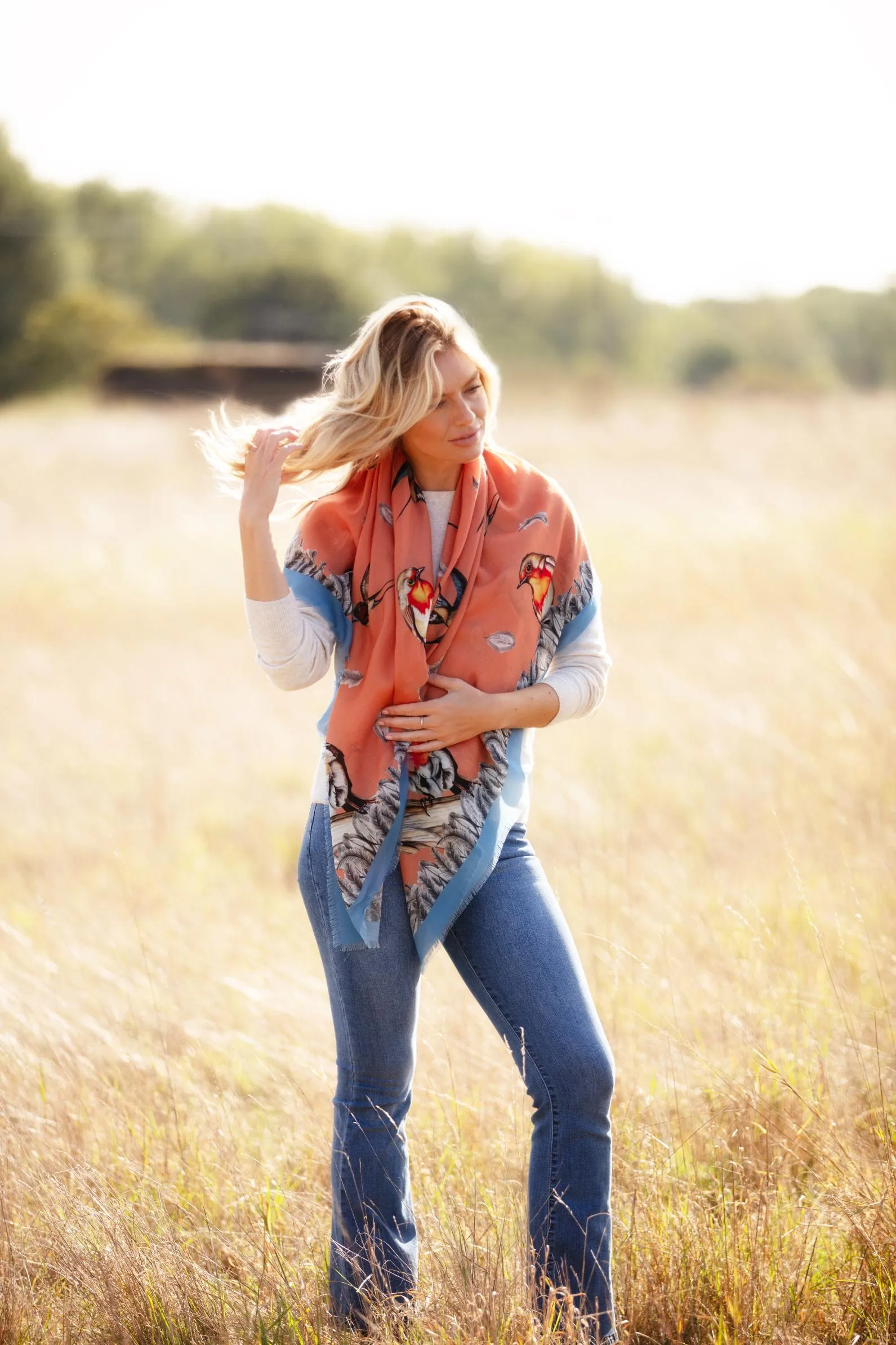 Watching Over Me Sienna Orange Wool Silk Square Shawl Scarf