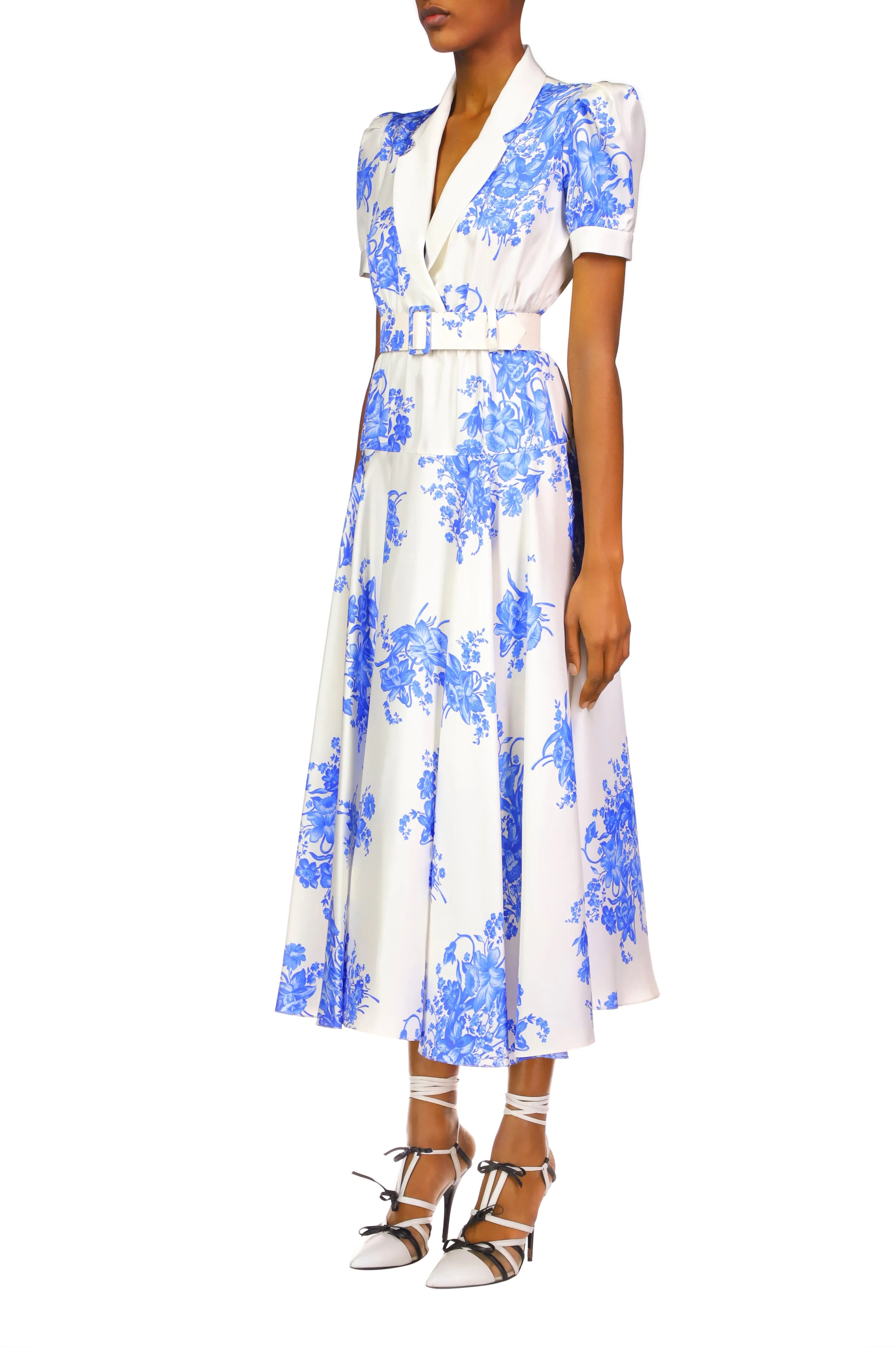 White And Blue Floral Printed Silk Twill Collared Dress With Belt