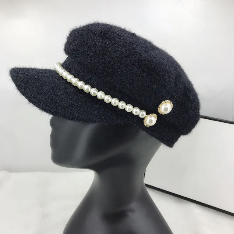 Winter Leisure Fashion Beret Hats With Chic Pearl Chain