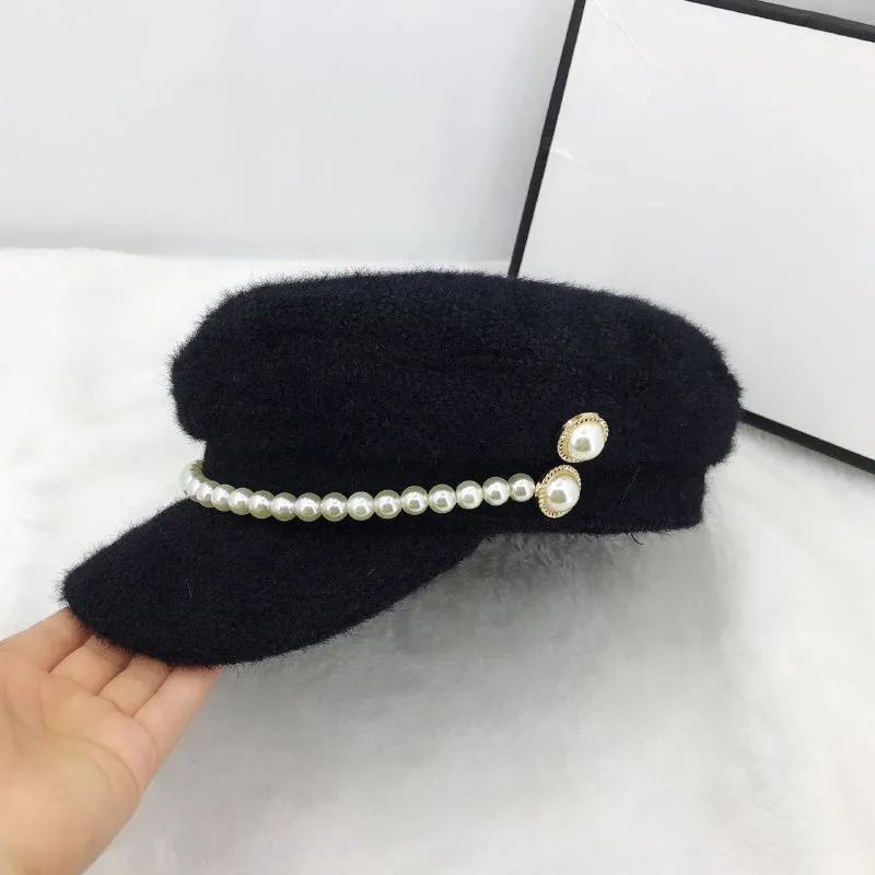 Winter Leisure Fashion Beret Hats With Chic Pearl Chain