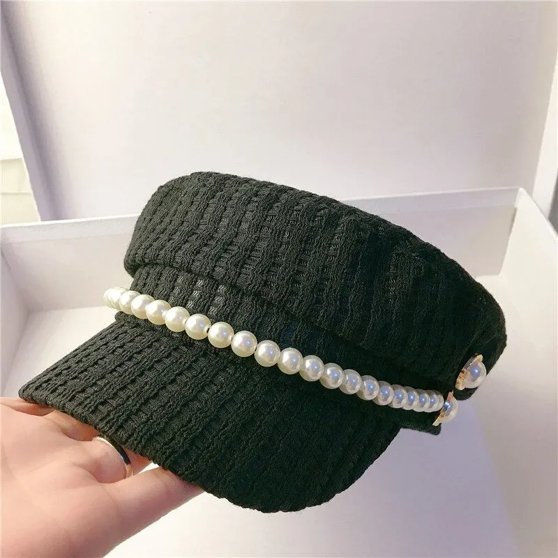 Winter Leisure Fashion Beret Hats With Chic Pearl Chain