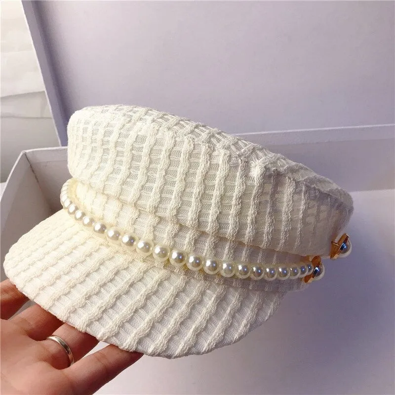 Winter Leisure Fashion Beret Hats With Chic Pearl Chain