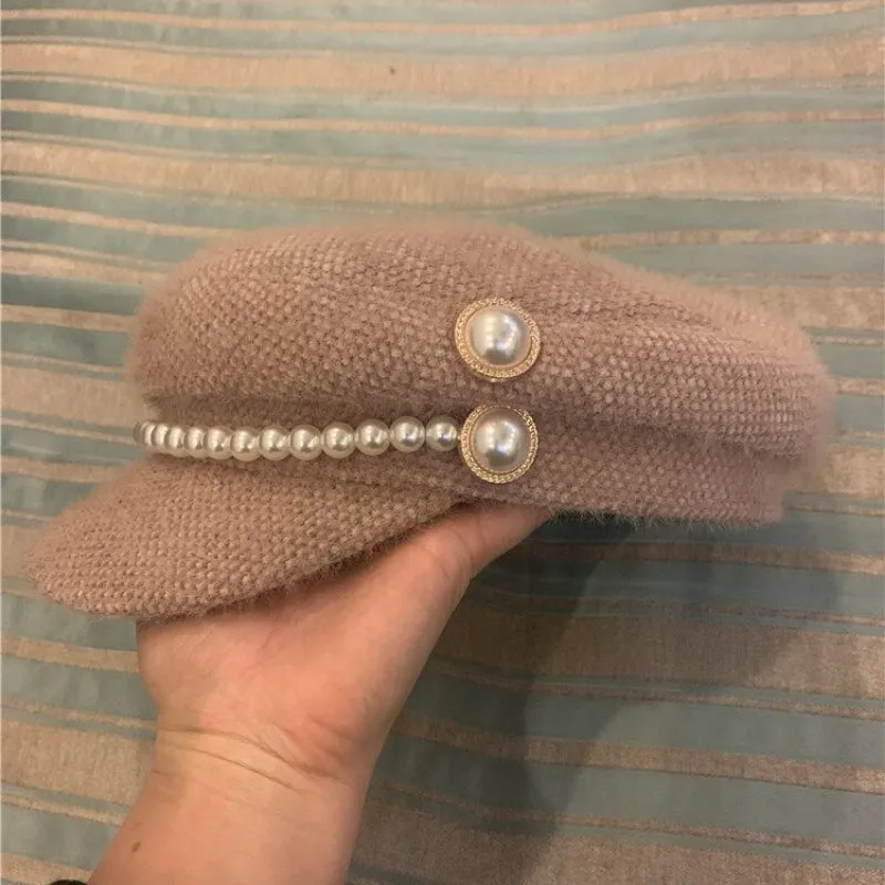 Winter Leisure Fashion Beret Hats With Chic Pearl Chain