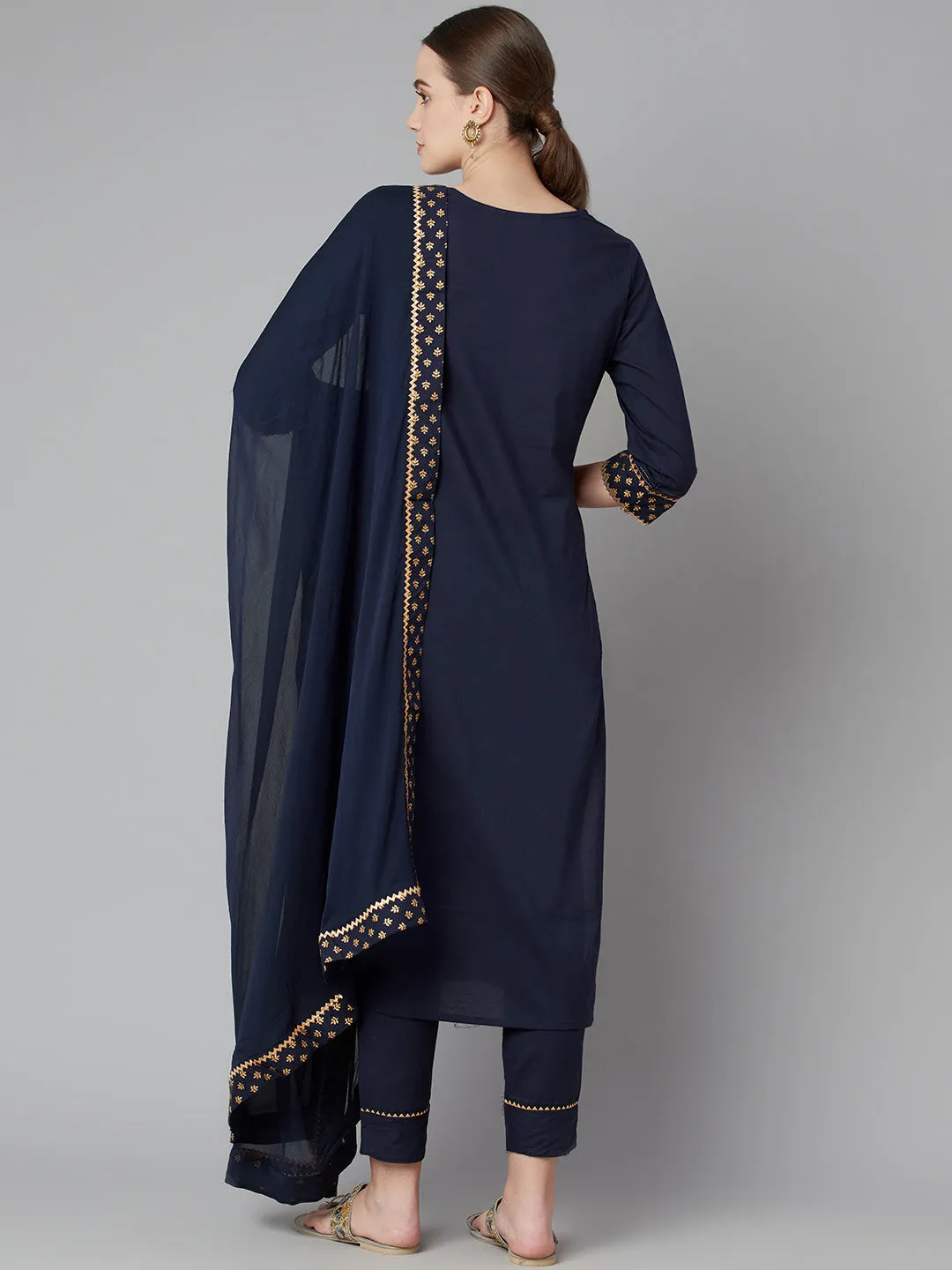 Women'S Blue Solid Straight Rayon Kurta Pant Set With Dupatta