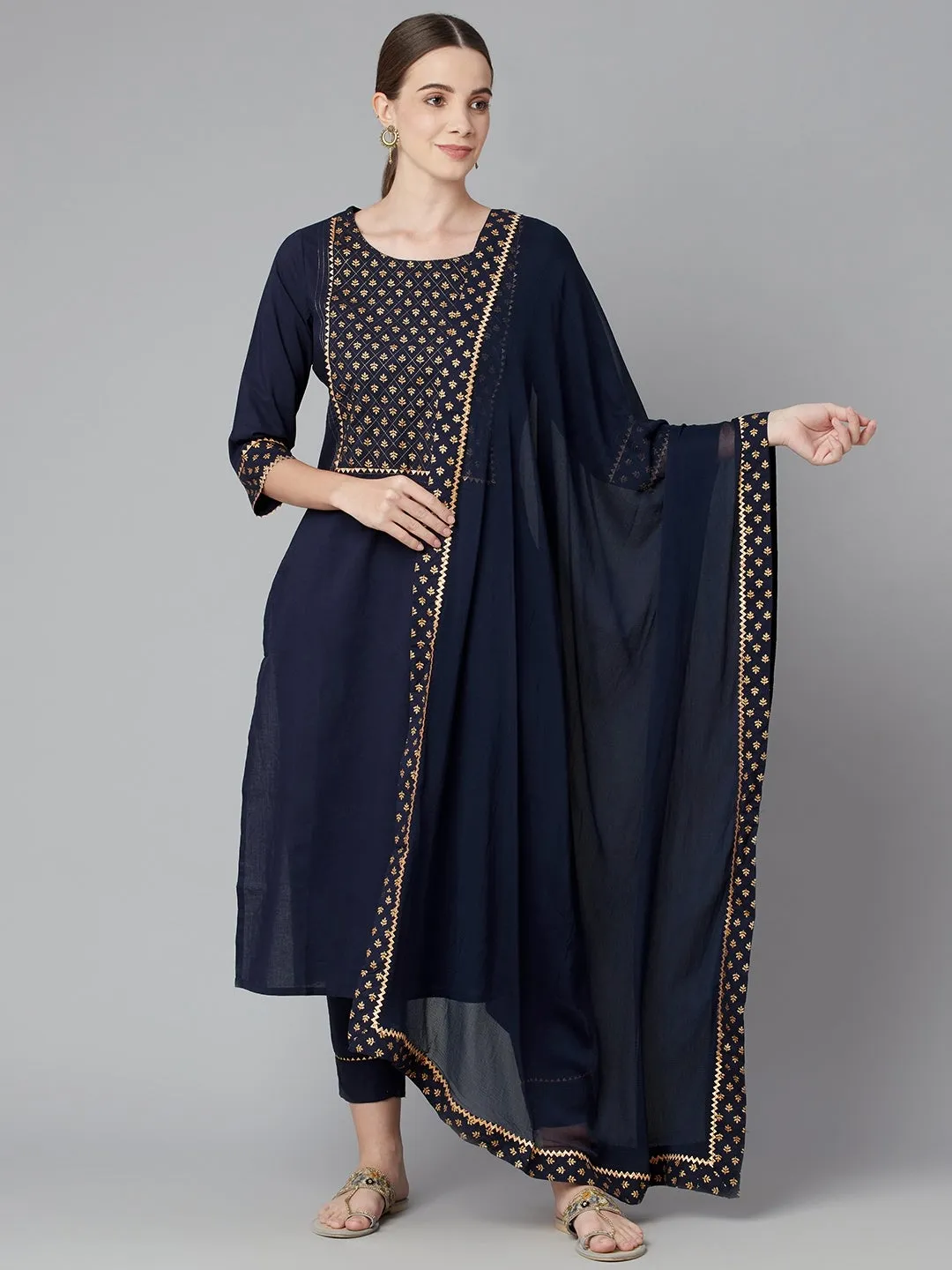 Women'S Blue Solid Straight Rayon Kurta Pant Set With Dupatta