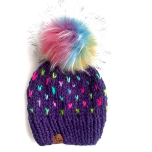 Youth Knit Heart Pom Hat | Purple Rainbow